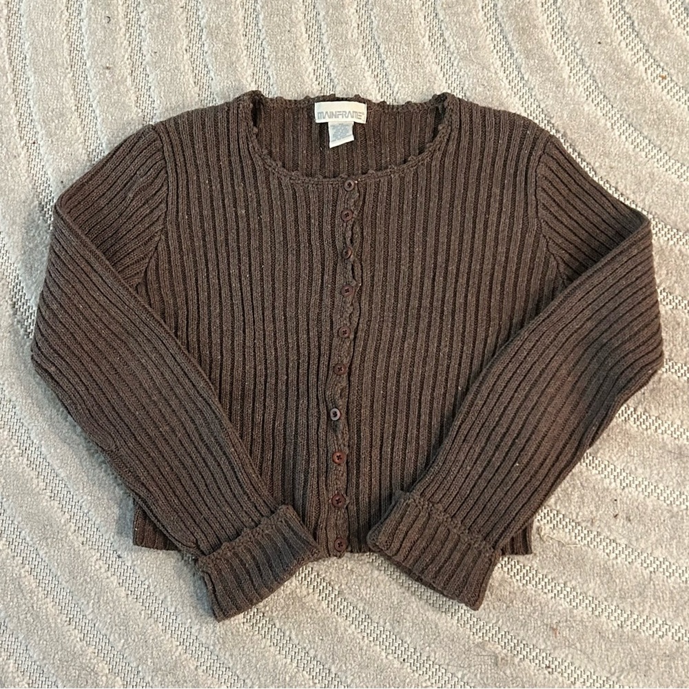 Vintage Y2K Mainframe Ribbed Knit Cropped Button-Down Brown Cardigan - M